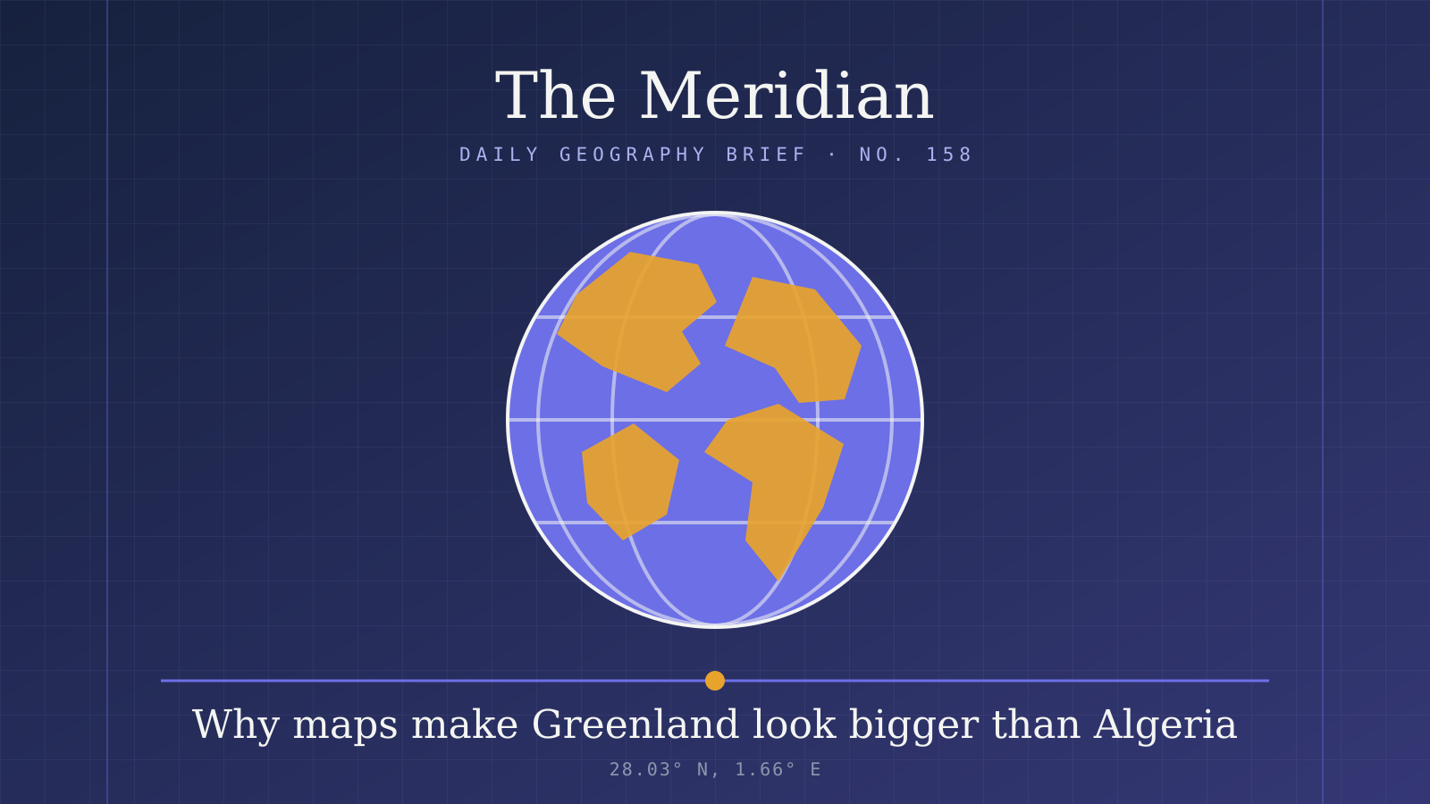 An illustrated globe with longitude lines over a periwinkle chart-paper landscape