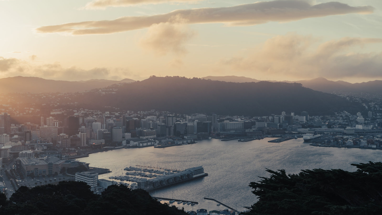 Aerial view of Wellington, New Zealand, showing the harbour and city skyline nestled among hills at sunset