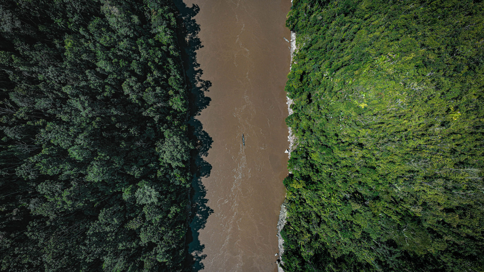 Aerial view of a wide, muddy river cutting a straight path through dense green rainforest